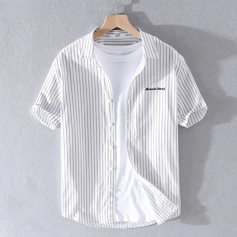 Summer Thin Pure Cotton Casual Shirt Men's Short Sleeve Striped Embroidery Oxford Cloth Fashion Urban Loose Fit White Shirt