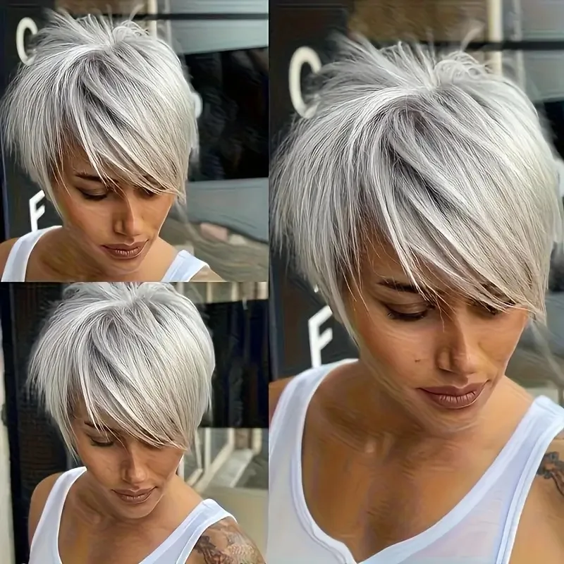 

Silver Gray Fluffy Short Straight Hair with Side Bangswig Synthetic High-Temperature Fiber Wig Wholesale Dropshipping