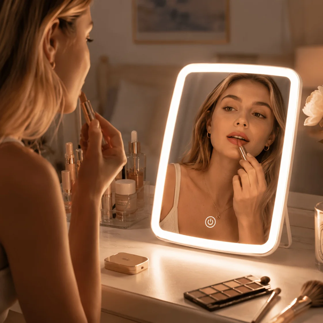 High-Definition Desktop Makeup Mirror with Fill Light, Featuring a Rounded and Simple Design with a Stylish Look, Powered by 3*Aaa Batteries, Perfect for Placing on the Table to Showcase Exquisite Beauty The Mirror Image Is Clear and Realistic, Accurately Reproduces Skin Details, and the Makeup Modification Is Precise and Natural. Surrounding Soft Light for Supplementary Illumination, the Light Is Gentle and Doesn'T Strain the Eyes, Allowing for Makeup Application and Skincare in Even Dark Environments. Multi-Angle Free Rotation and Adjustment, Allowing You to Adjust to the Desired Viewing Angle, Suitable for Various Sitting Positions and Usage Scenarios.