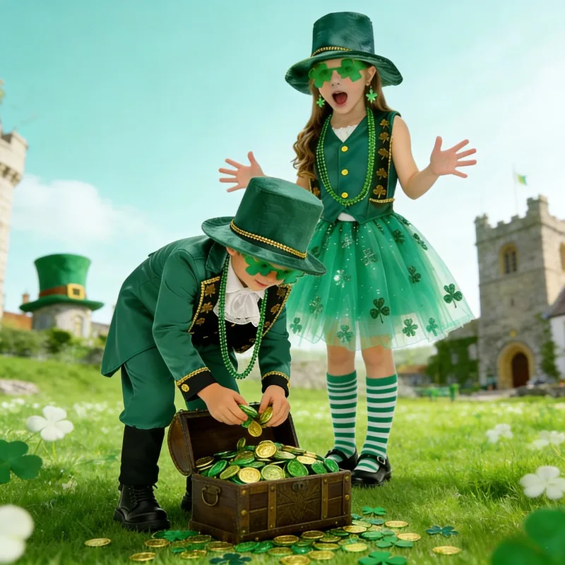 

Boy Girls St.Patrick'sDay Cosplay Costume Irish Four Leaf Clover Fancy Dress Outfit School Party Stage Performance Clothes