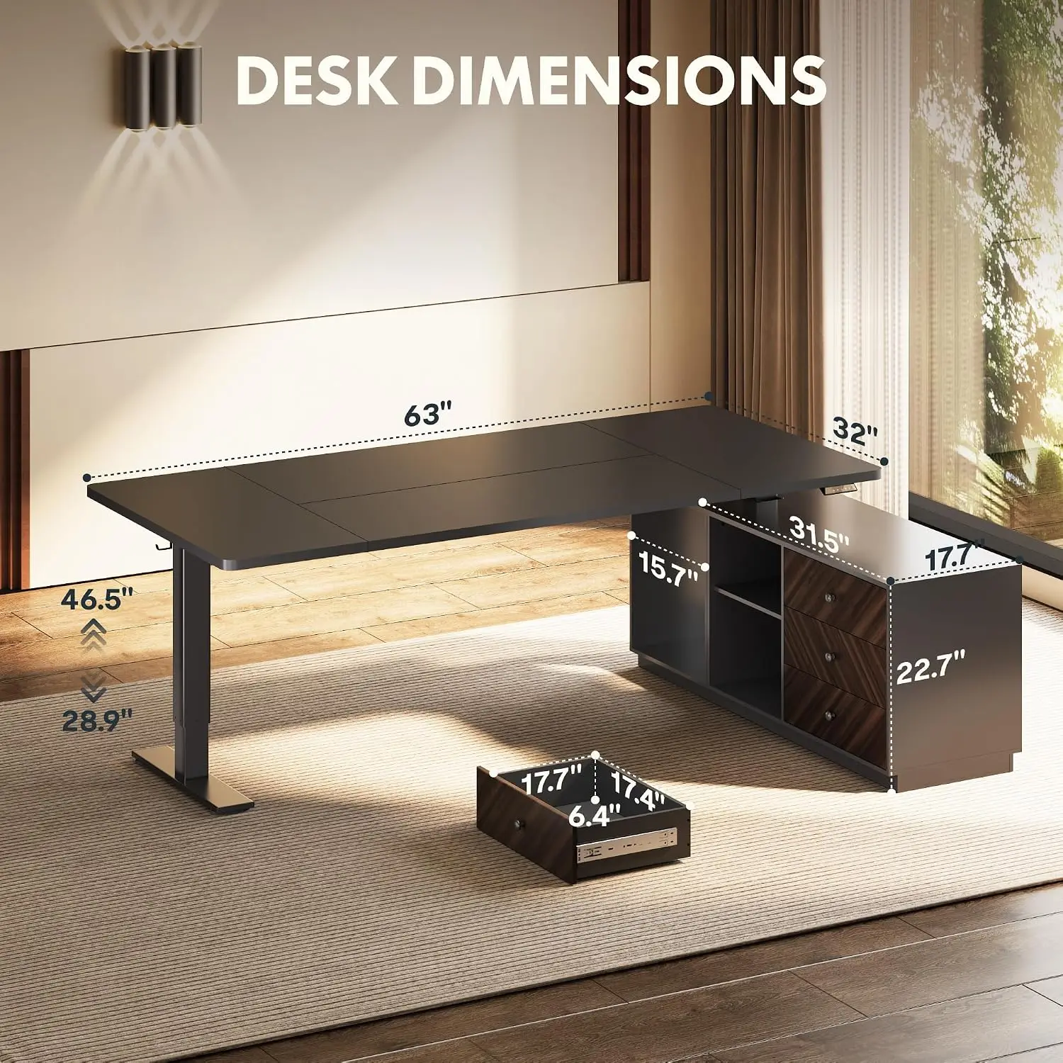 L Shaped Standing Desk With Drawers, File Cabinet, CPU Stand, Multi-Monitor, Hook, Cup Holder, Cable Kit, Customized