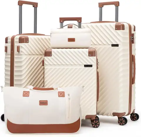 Ensemble de bagages 5 pièces avec serrure TSA et roulettes pivotantes, valises rigides unisexes en ABS, valises de voyage rigides légères et imperméables avec roulettes pour femmes et hommes, beige |   Ensembles de bagages
