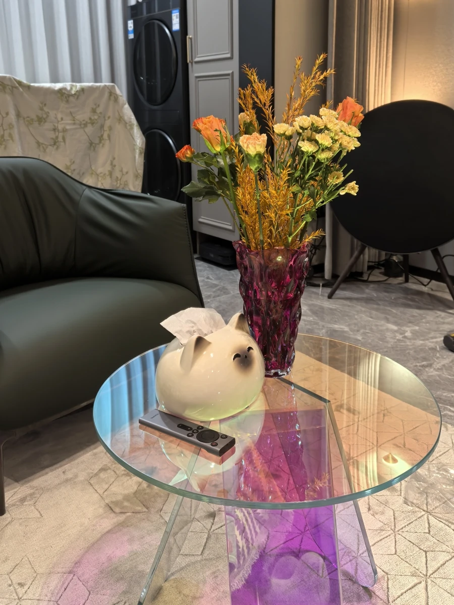 

Glass sofa with round edge Internet celebrity furniture Dopamine coffee table Rainbow coffee table Modern corner table