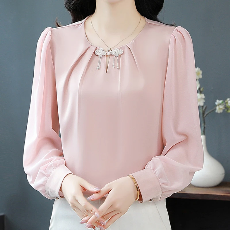Satin Chiffon Blouses Long Sleeved Women's Shirts 2025 Spring and Autumn O-neck Ladies Tops Luxury Retro Blouse Female Clothing