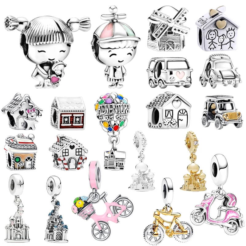 New Castle Pendant House Little Girl&Boy Electric Car&Jeep Charm Beads Fit Original 925 Silver Pandora Bracelet DIY Jewelry Gift