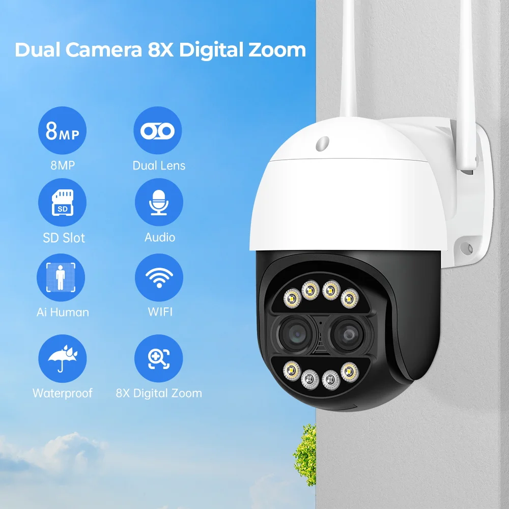 ANBIUX-Câmera de Vigilância Doméstica Inteligente, PTZ, IP, Zoom 8x, Lente Dupla, Detecção Humana, CCTV, WiFi, Ao Ar Livre, ICSEE, 8MP