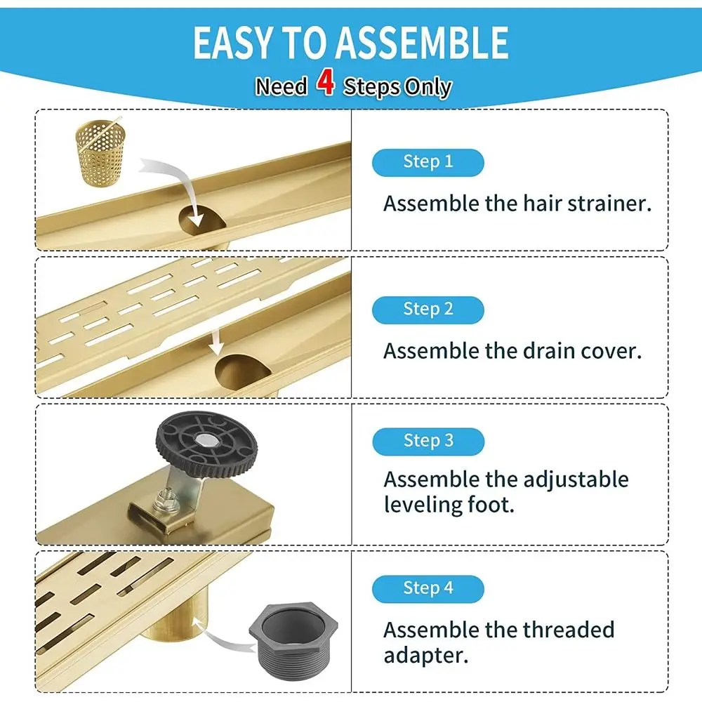 Sifone doccia da 32 pollici in acciaio inox spazzolato oro con griglia rimovibile, scarico a incasso, filtro per capelli incluso