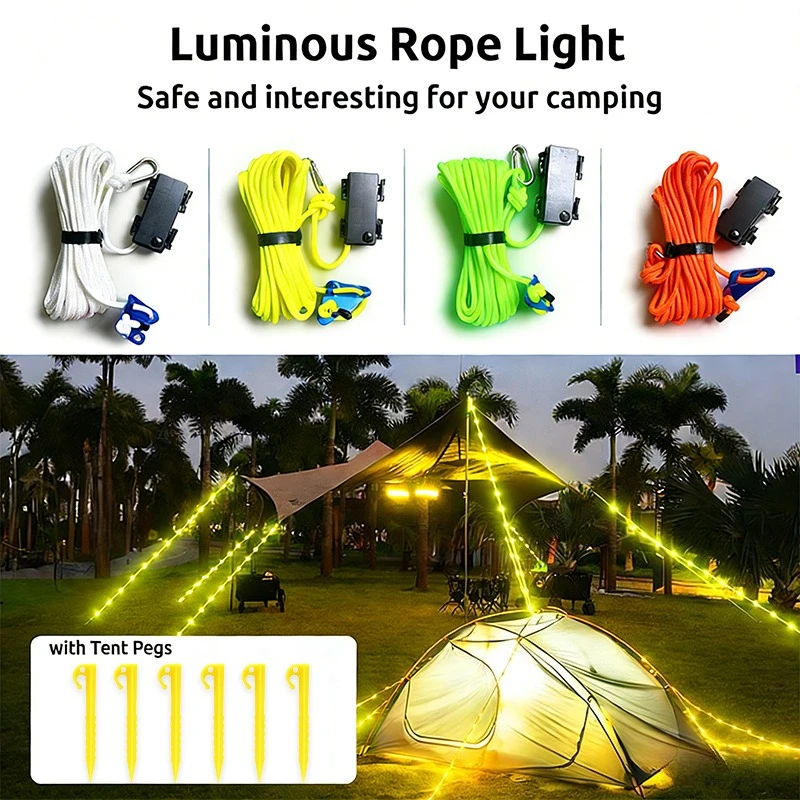 LED Glowing Camping Wind Rope Night Warning Anti-trip Tent Luminous Cord Waterproof Outdoor Canopy Awning Guyline with Tent Peg