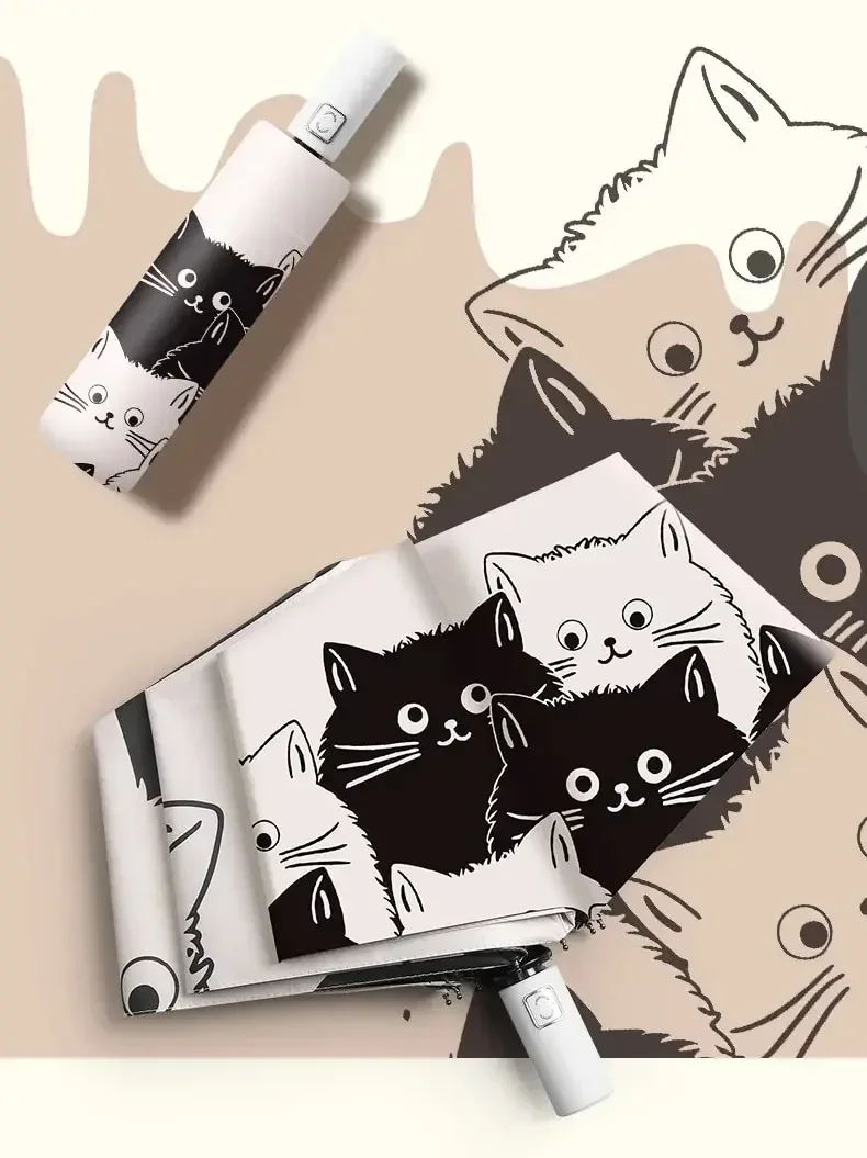 1pc einfache Cartoon Kätzchen gedruckt schwarz und weiß automatischen Regenschirm, sonnigen und regnerischen Dual-Use-UV-Schutz Regenschirm