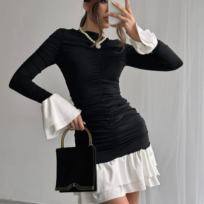 

Contrasting Color Patchwork Ruffle Edge Dress for Women Spring Fashionable Elegant Round Neck Long Sleeved Pleated Short Skirt