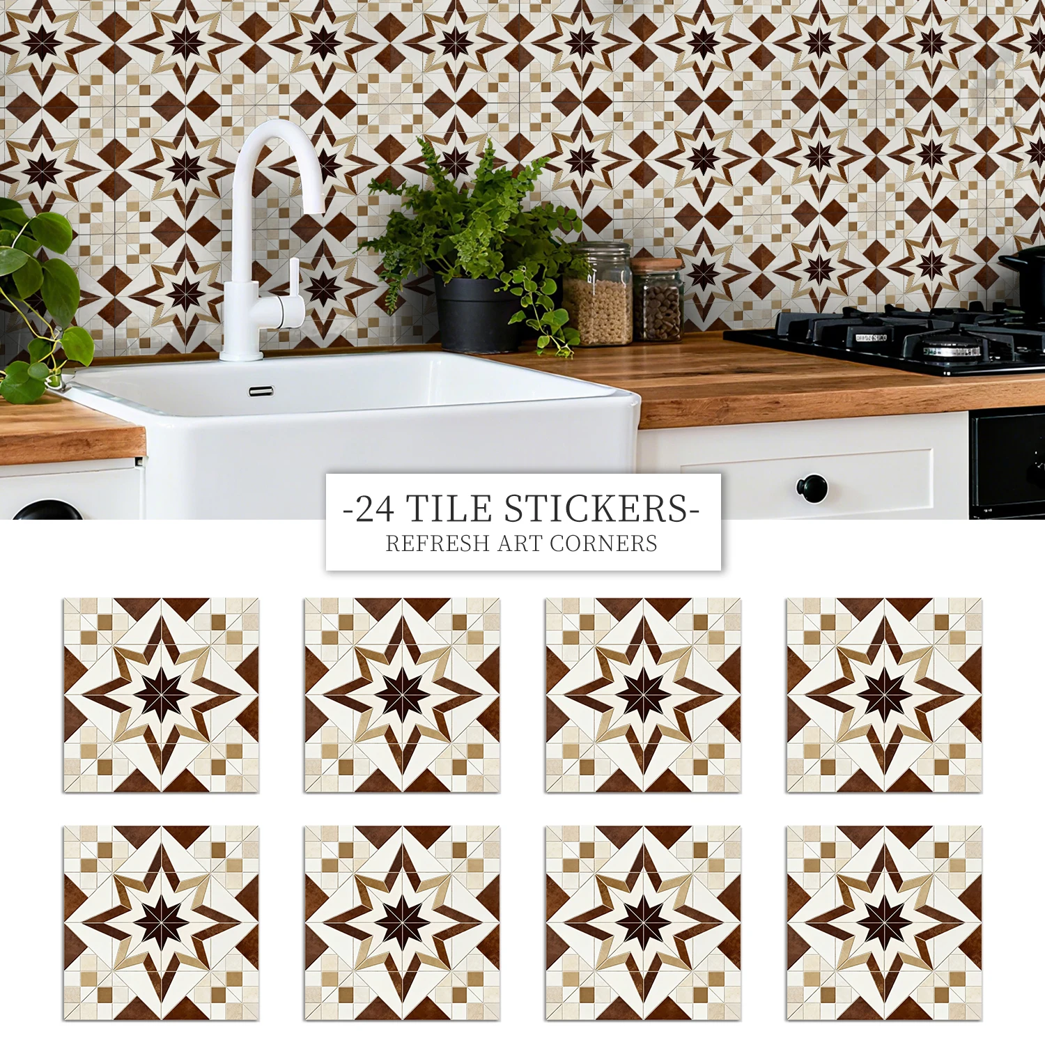 

Vintage Star Pattern Self-Adhesive Wall Stickers HD Matte Tile Decals for Kitchen Bathroom Home Decor 24PCS 10/15/20cm