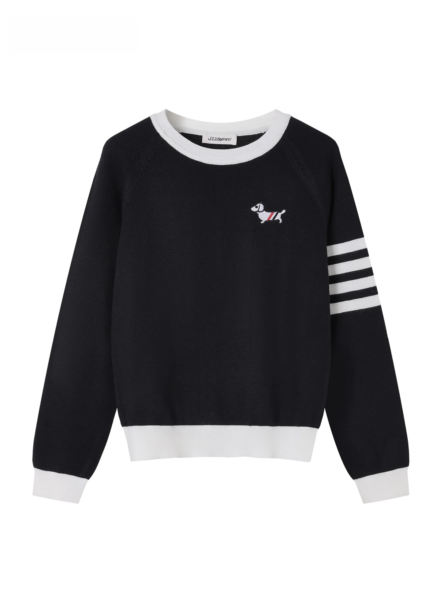 

JZZDEMM College Sle Embroidered Dog Color Blo Striped round Ne Knitted Sweater Women Base Layer Top Soft Cotton Nylon