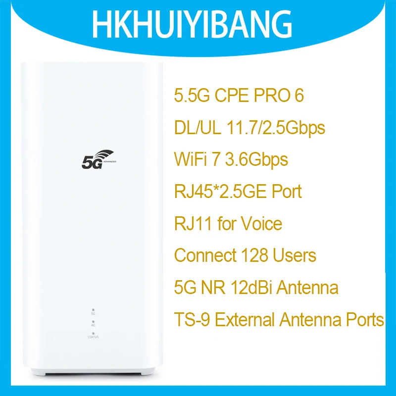 

Unlocked 5.5G CPE Pro 6 H165-383 11.7Gbps WiFi 7 BE3600 Wireless Router 8x8 MIMO 2.5G Port 5G 4G LTE Sim Card Indoor Modem