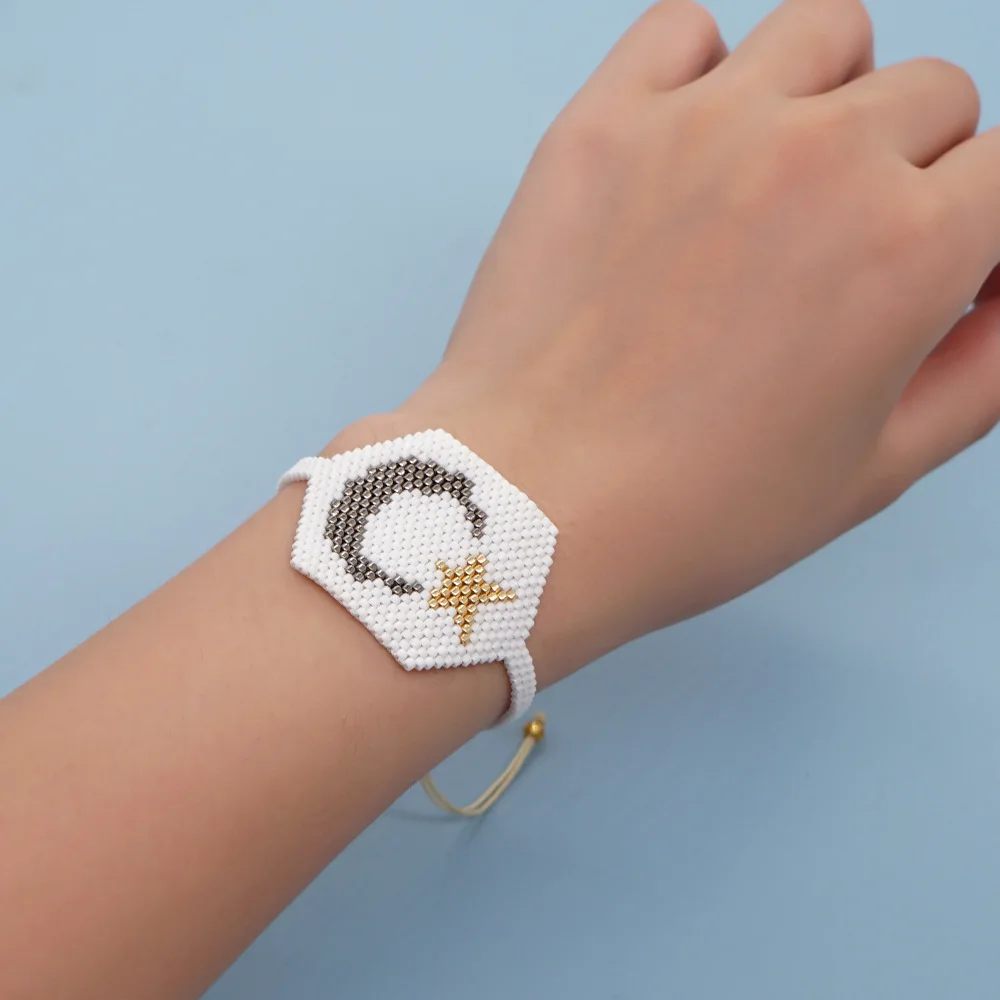 

ZGMXR браслет из рисовых бусин, ручная работа, геометрический шестигранник, луна, звезды, регулируемый модный простой женский браслет из бисера в богемном стиле