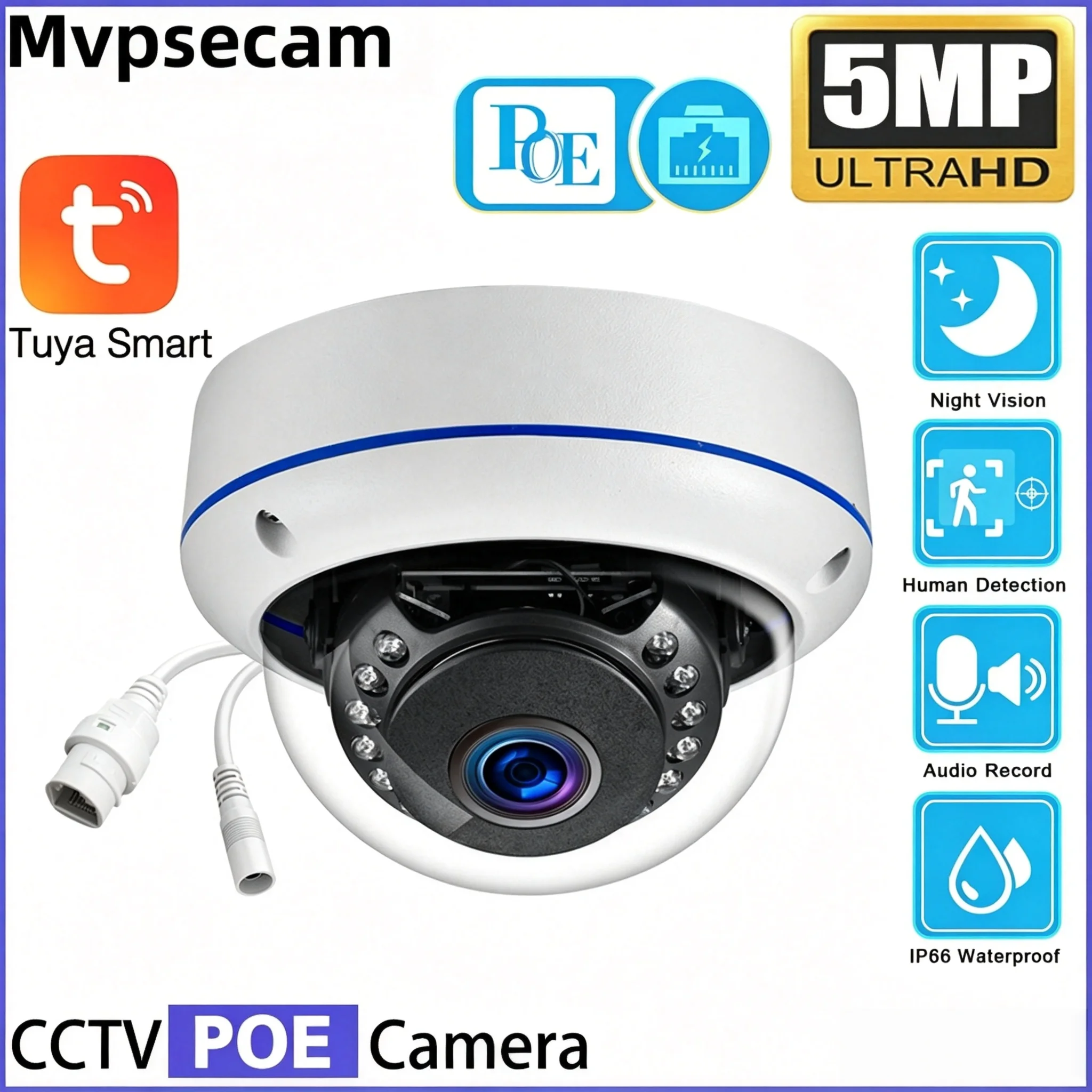 Home Yard Security Cameras - Tuya 5MP POE Dome IP Camera