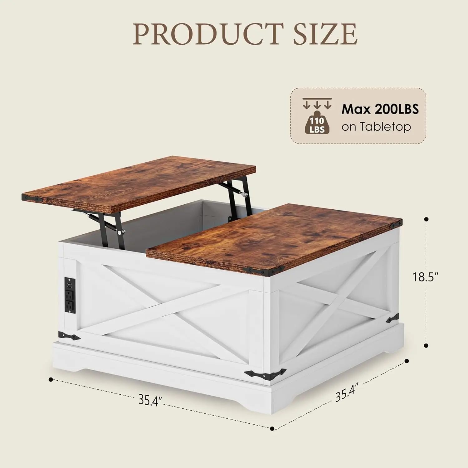 Sogeshome Coffee Table With Lifting Top With Power Output, 35.4'' Square Table With Large Hidden Storage, Farmhouse Coffee