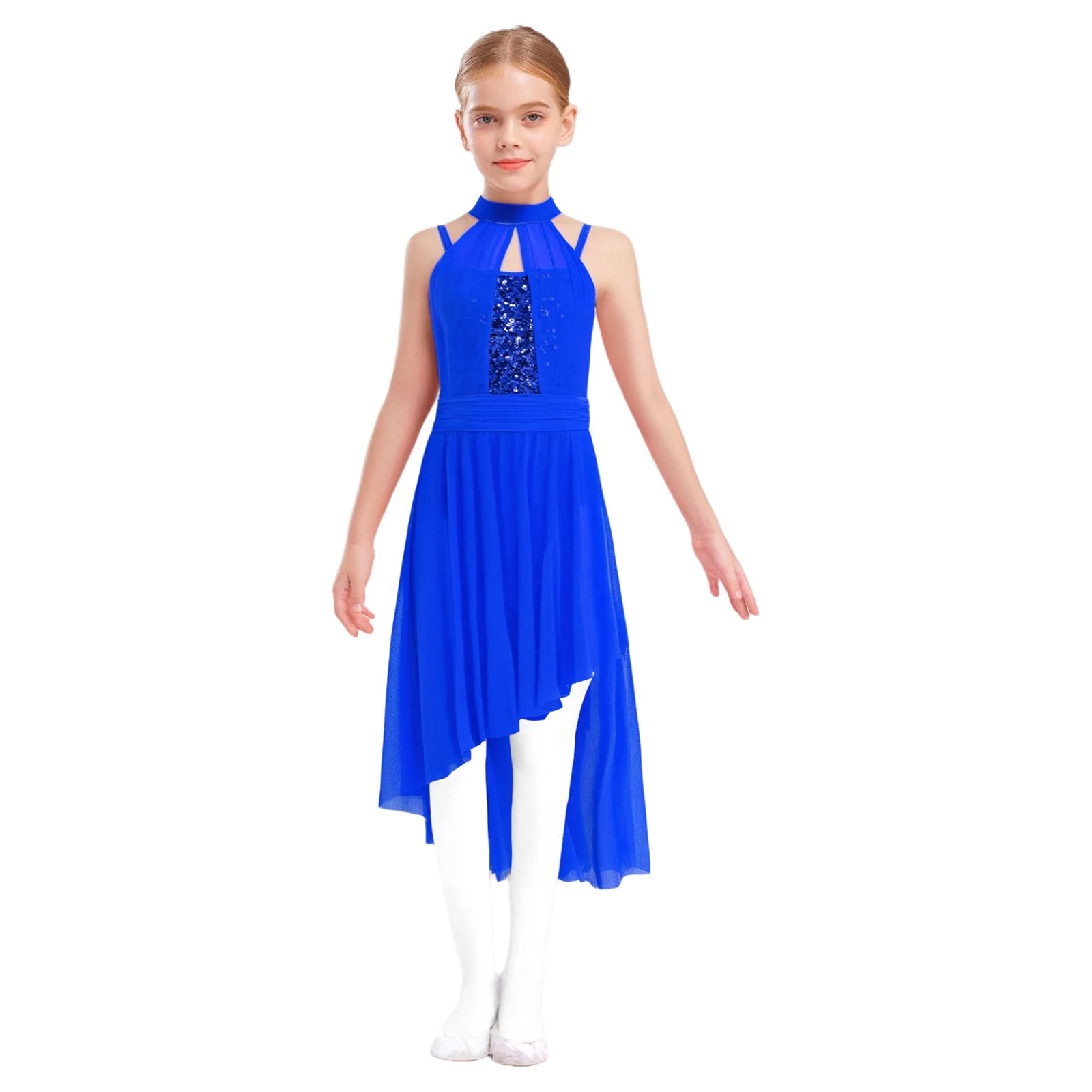 

Kids Girls Lyrical Ballet Modern Ballroom Dance Performance Dress Sleeveless Sequins Sheer Mesh Modern Stage Showing Dance Dress