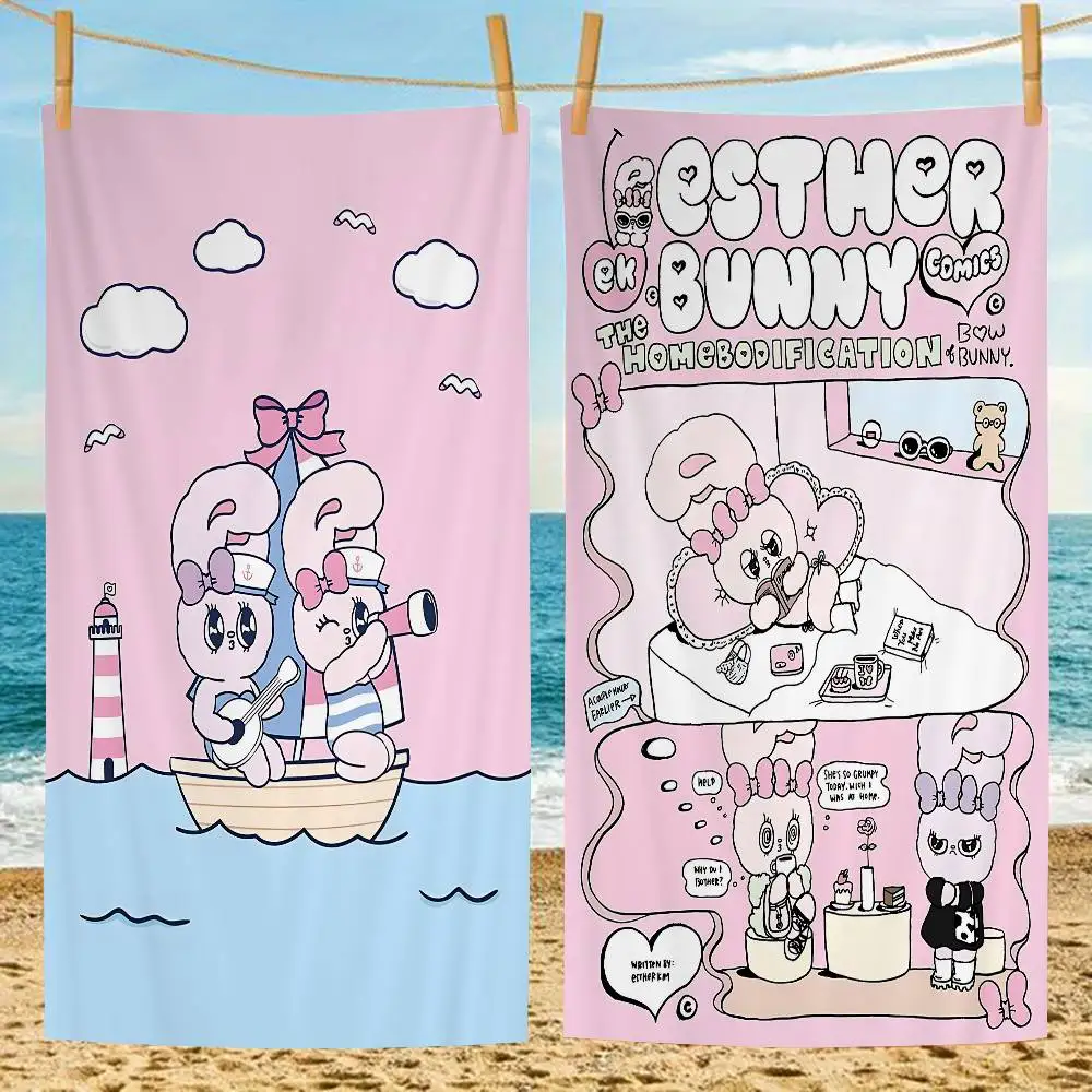 Esther Bunnys cartoon Bath Towel Microfiber Soft Water Absorbing Breathable For Girl Kids Decorative Cartoon Beach Towel