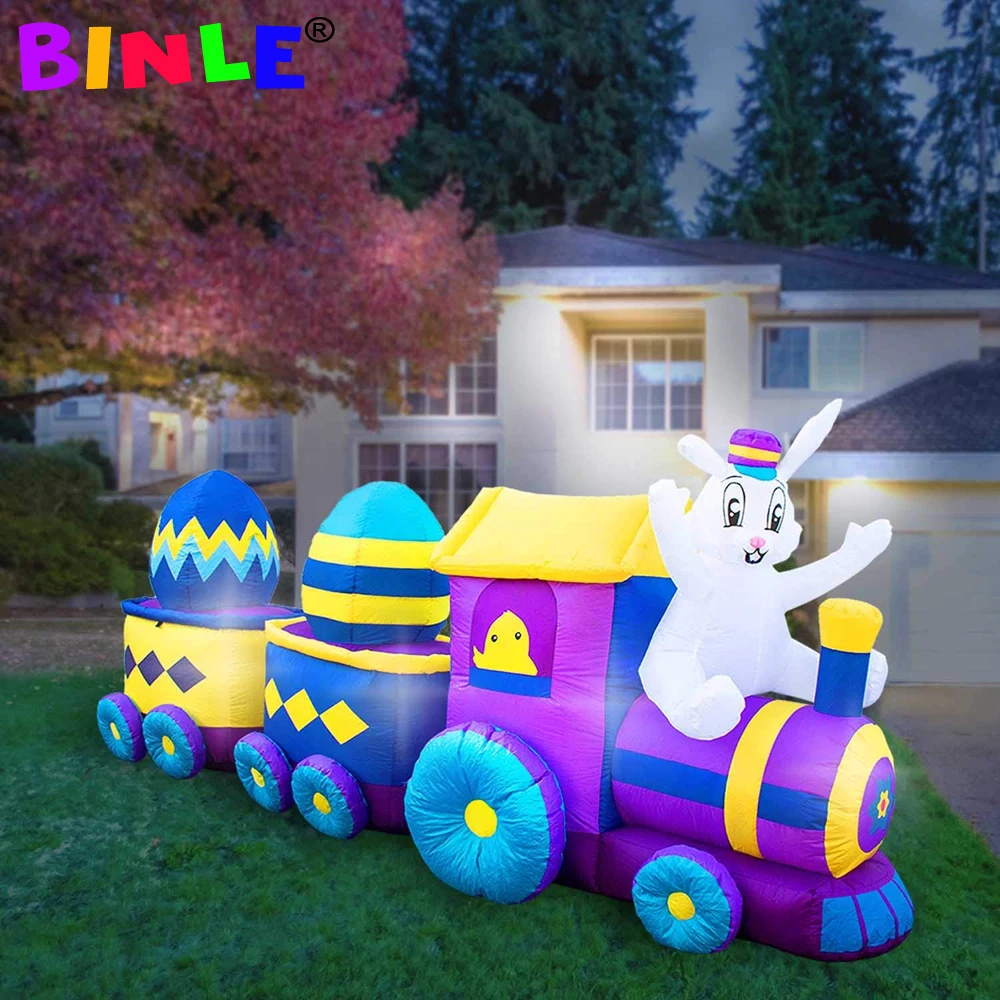 Massive Airblown Easter Inflatable Bunny Train With Carriage,Giant Blow Up 2 Eggs Car For Outdoor Holiday Yard Decoration