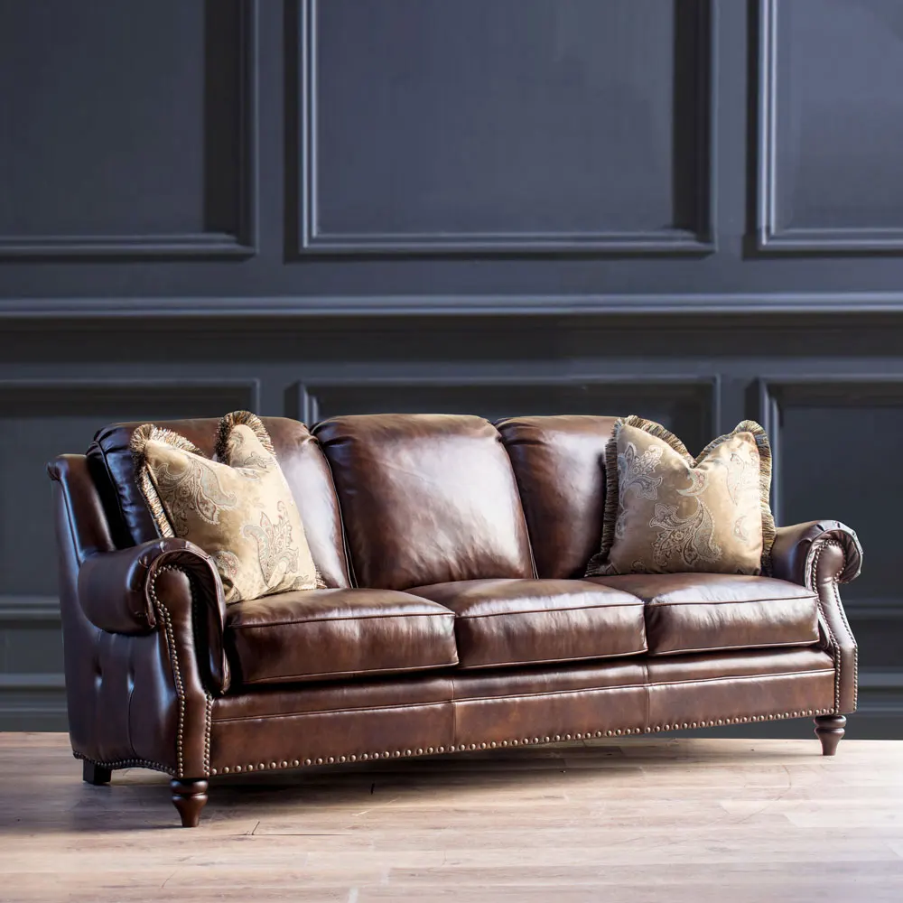 أريكة جلدية أمريكية من الطبقة الأولى من جلد البقر مكونة من ثلاثة أشخاص في غرفة المعيشة وأثاث من الجلد والشمع الزيتي القديم #2