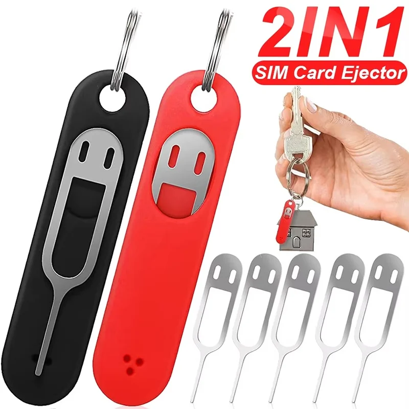 1-5 Pcs Sim Card Tray Opener Silicone Keychain Mobile Phone ID Pin Stainless Steel Removal Needle Anti-Lost Thimble Keyring Tool