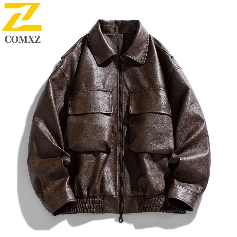 

COMXZ Men Leather Jacket 2025 American Style Lightweight Motorcycle Jacket Casual Travel Windproof Durable Autumn Leather Coat