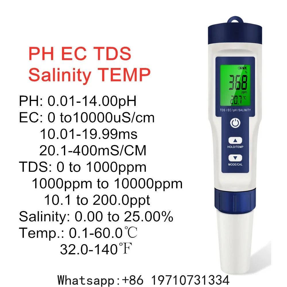 5 In 1 Digital PH Meter TDS EC Salinity Temperature Tester Conductivity Meter Filter Purity Water Quality Detector