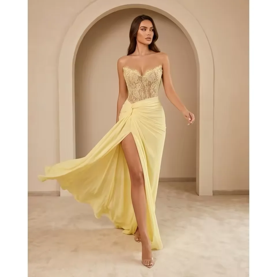 Customized Elegant Yellow Embroidered Lace Prom dress Side Slit Sleeveless Special Occasions Luxury Women's Evening Dresses