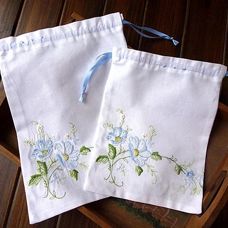 

2pcs Pure Cotton Boutique Hand -embroidered Flower Cloth Handbag Storage Bag Drawstring Bag