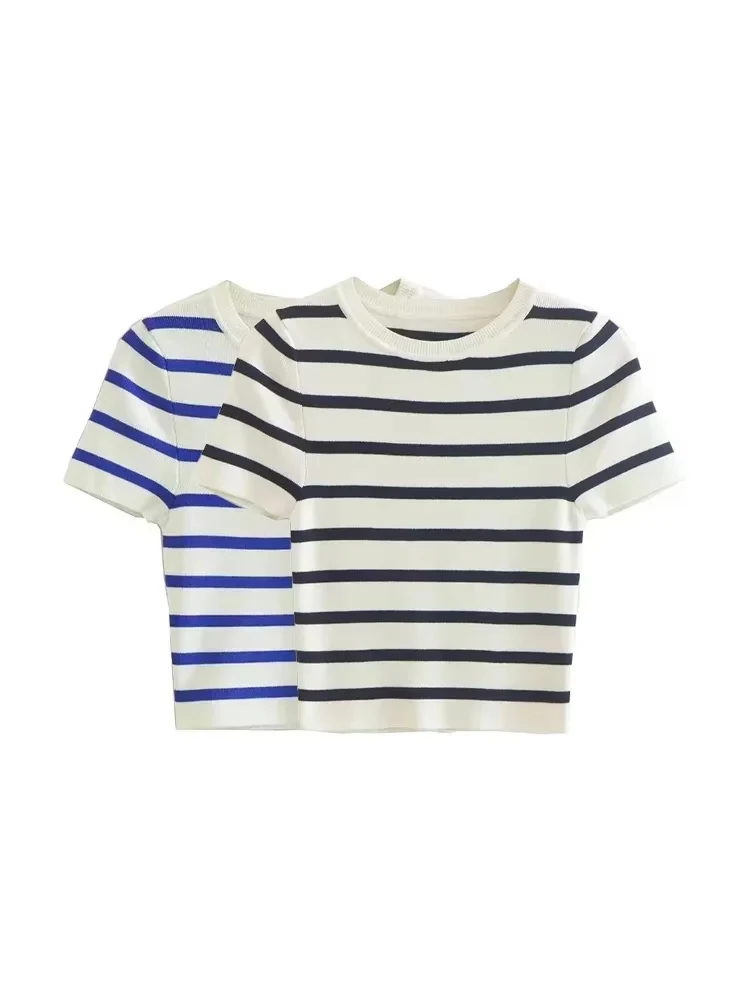 

Smvp Women Fashion Striped Basic Cropped Knit Sweater Vintage O Neck Short Sleeve Female Pullovers Chic Tops