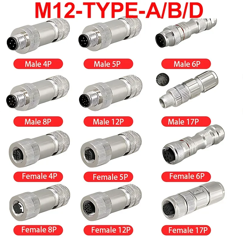 5/10/20 Pcs M12 4/5/6/8/12/17 Pin Shielded Sensor Connector Male Female Metal Assembly Aviation Plug