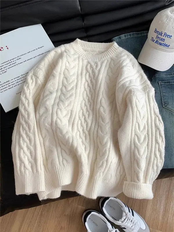 

New Autumn Winter White Knit Sweater Women O Neck Long Sleeve Casual Vintage Y2K Fashion Tops Japanese Style Pullover