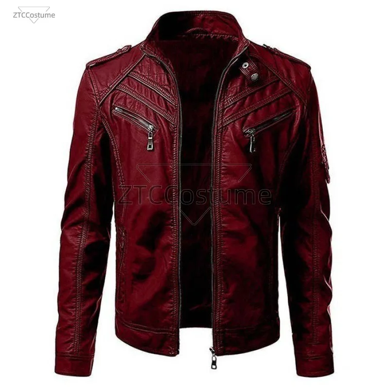 

Mens Pu Leather Jacket Black Wine Stand Collar Coats Leather Biker Tops Motorcycle Steampunk Winter Males Jacket