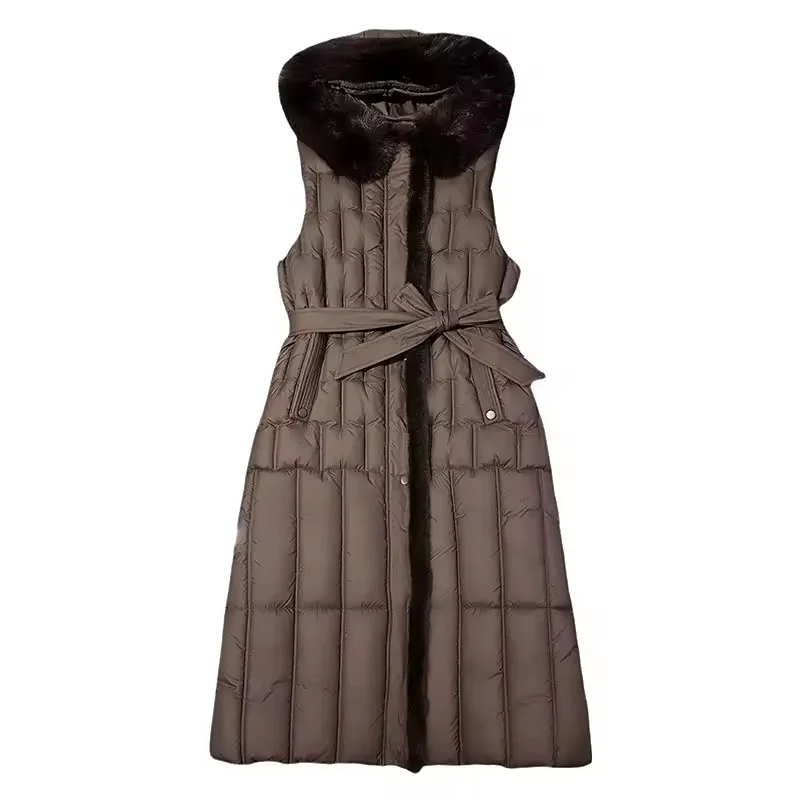 الشتاء رشاقته طويلة أسفل القطن سترة المرأة ملابس خارجية موضة جديدة تقليد الصوف طوق حزام أكمام مقنعين صدرية الإناث #6