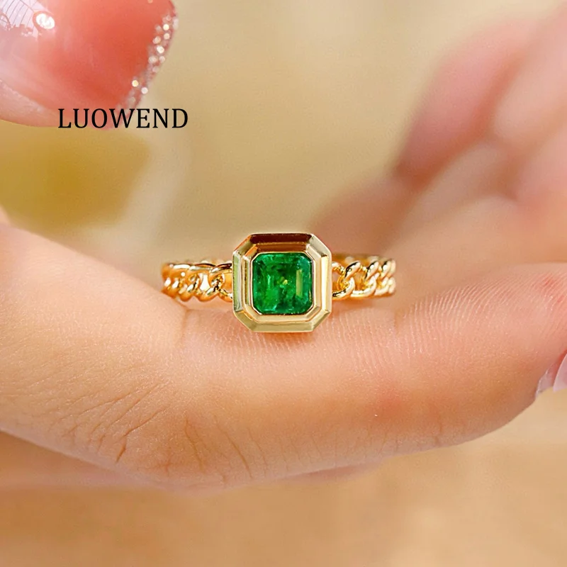 

LUOWEND 100% 18K Yellow Gold Rings Fashion Elegant Style Real Natural Emerald Ring for Women Wedding Party High Gemstone Jewelry