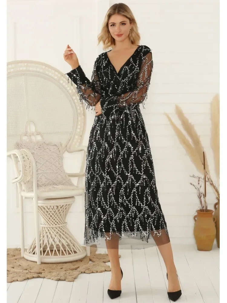 Vestido de noite feminino lantejoulas franja embelezado decote em v manga longa linha a plissado dupla camada cintura magra vestido halter