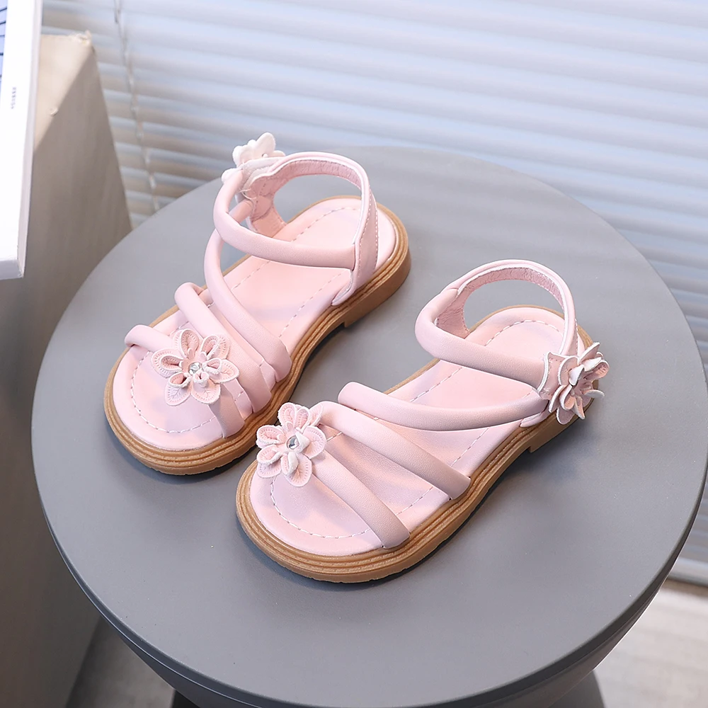 

COMFY KIDS Girls' Light Pink Faux Leather Roman Sandals, 3D Floral Rhinestone Magic Tape Soft Elastic Rubber Sole Lightweight Ki