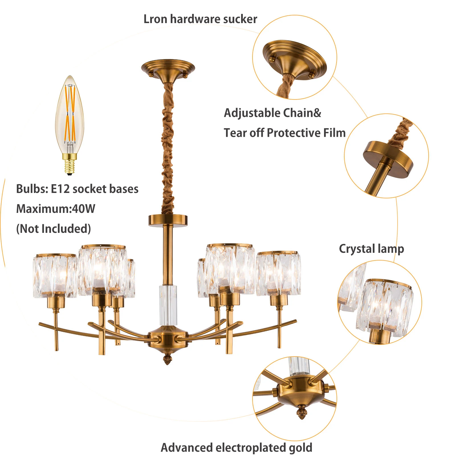 

6 Lights Gold Crystal Chandeliers Lighting Fixture Adjustable Height 31.5″ Electroplated Anti-Rust for Living Room Dining Room Farmhouse