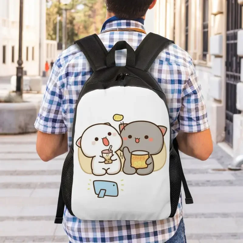 Mochila de viaje para hombre y mujer, morral de viaje con diseño de melocotón y Goma, Mochi Cat Eating Chips, ideal para estudiantes universitarios