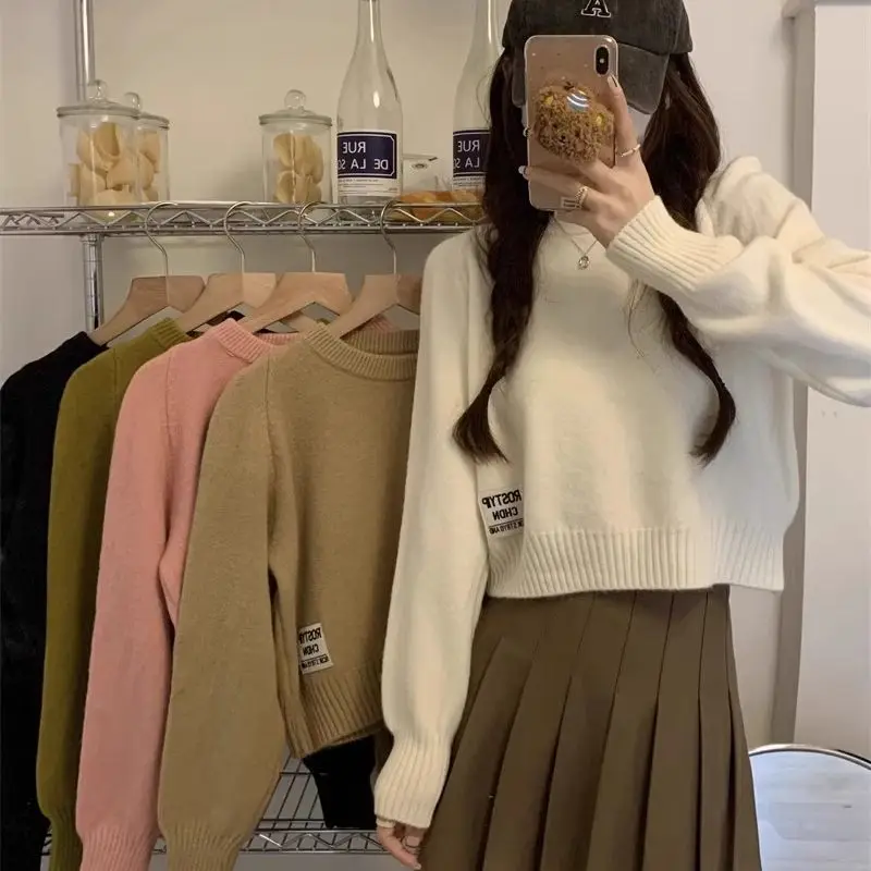 

Girl Shorty Round Neck Sweater Autumn Winter Pullover Soft Jumper Minimalist Tops Loose Lazy Woman Knitwear Keep Warm Innerwear