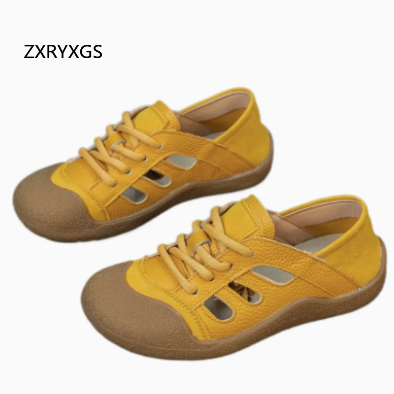 ZXRYXGS Promotion Soft Cowhide Hollow Sneaker Sandals 2026 New Spring Summer Lace-up Women Breathable Sneakers Flat Casual Shoes