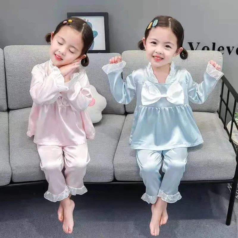 Sweet Cute Style Bow-knot Decoration Pajamas Girls' Ice Silk Pajamas Set  Spring Autumn Homewear Home Long Sleeve Trousers