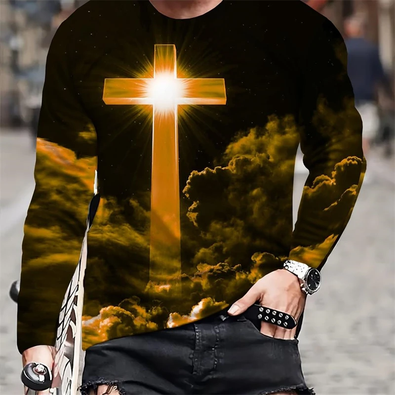 Trend Jesus Cross Pattern T Shirt For Men Fashion Casual Mens 3D Printed Long Sleeve Pullovers Loose Streetwear Cool Tees Tops image 5