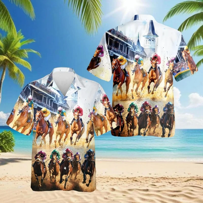 

Horse Riding Pattern Hawaiian Shirt For Men Competitions 3D Print Short Sleeves Summer Street Blouse Surf Beachwear Aloha Shirts