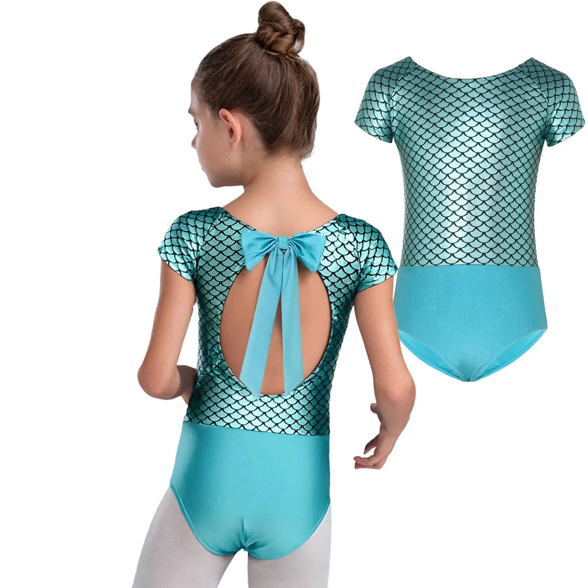 طفل الفتيات الجمباز ثياب مقياس السمك طباعة لامع حورية البحر زي رياضي الجمباز Unitard تراجع Dancewear ارتداءها