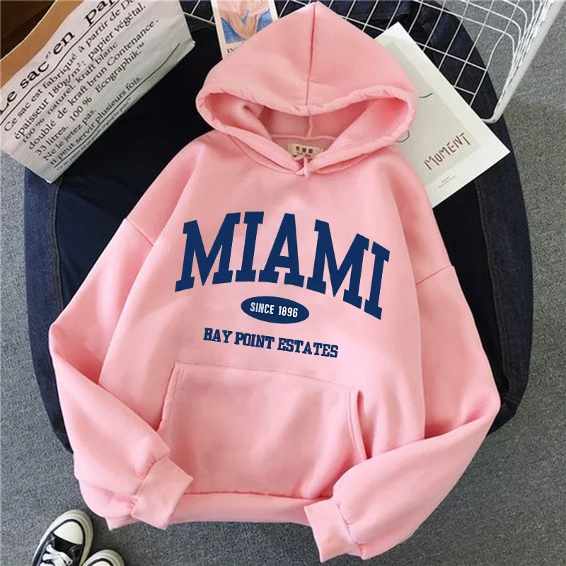 Letter Miami Print Hoodies Vintage Casual Hooded Autumn Winter Gothic Graphic Streetwear Women Men Y2k Black Sweatshirts Clothes