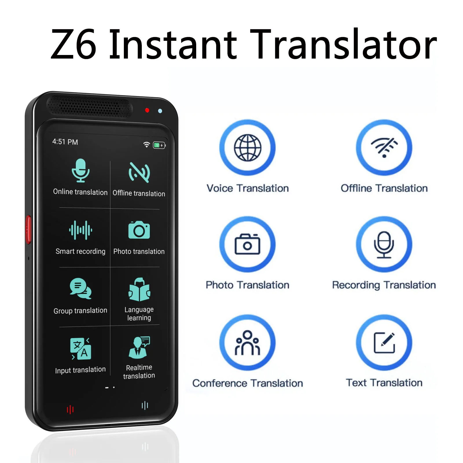 Birgus Z6 Voice Translator 4.1 inch Portable Instant Translator 139 Languages Real-time Voice Recording Text Translation Device