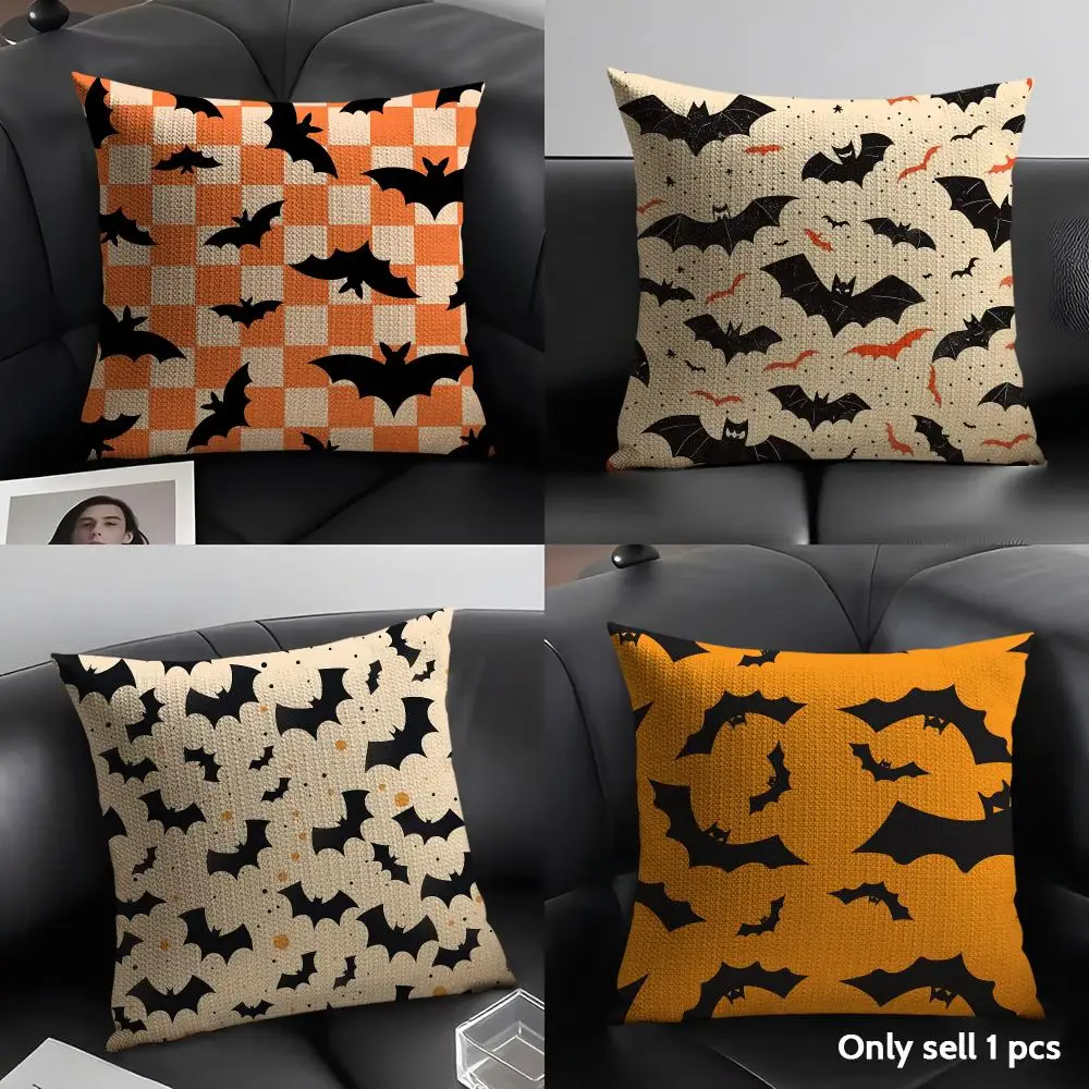 Halloween Scary Bats Cushion Cover Breathable Linen Organic Fabric Double-Sided Printing Sofa Pillow Case Home Decor