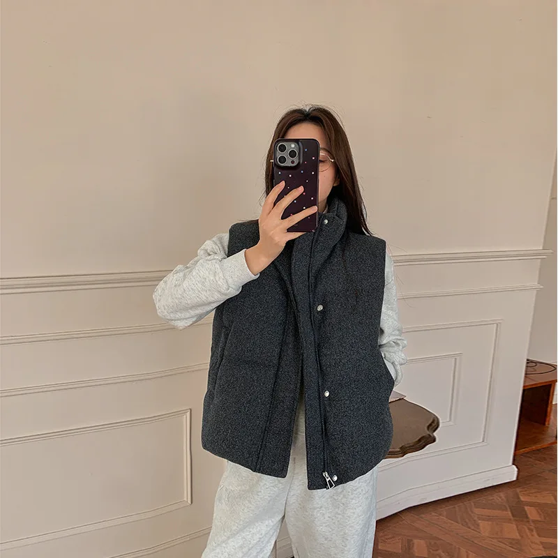 Oversize Women Parkas Vest Coat Solid Jacket Sleeveless Stand Coolar Zipper Straight Fit Thick Office Lady Casual Winter 2025