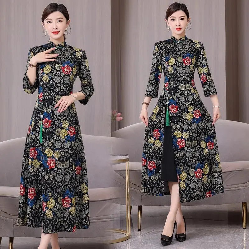 

2023 Autumn Ethnic Style Qipao Temperament High End Chinese Style Retro Ladies Fashion Elegant Slim Spliced Printed Dress Z2803